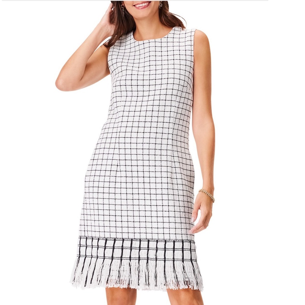 NIC+ZOE Fringe Mix Dress Cream Multi Grid Sleeveless Tweed Shift S241221 Small